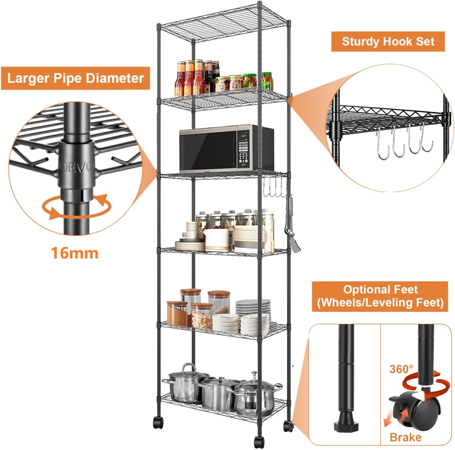 Devo Shelves with Wheels Storage Shelves, Wire Shelf Metal Racks with Shelves for Pantry, Garage, Kitchen, 21" L * 11" W * 63" H, Black