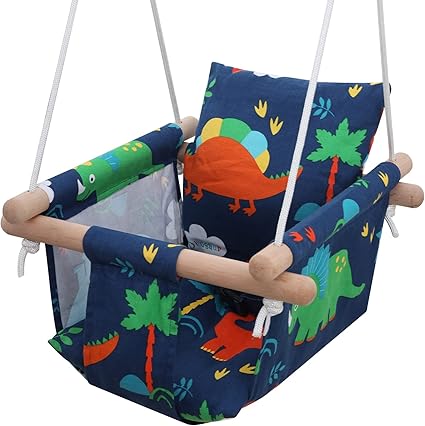Balancoire Bebe Exterieur En Bois Et Tissu Motif De Dinosaure Enfant Portique Interieur Balancoire De Jardin Avec Cordes Reglables Dossier Et Harnais Amazon Fr Jeux Et Jouets