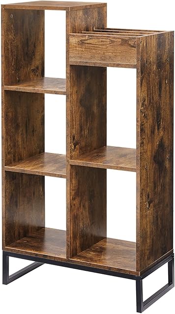 OROPY Bookcase, Wooden Bookshelf with 5 Open Cubes and 3 Multi-functional Storage Space, Free Standing Book Shelf Unit with Metal Base & Legs for Living Room, Bedroom, Office, Rustic Brown
