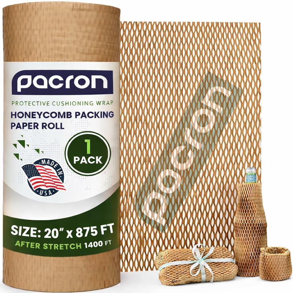 Honeycomb Packing Paper Roll – Eco Friendly Bubble Wrap Alternative for Fragile Shipping, Plastic-Free Honeycomb Wrap for Glass, Ceramics & Moving Supplies, (12"x150Ft)