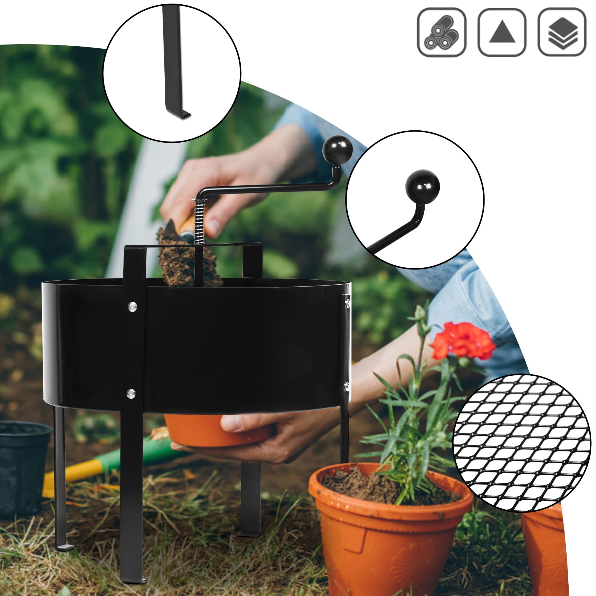 NAIZY Sieb Manuell Gartensieb Erde Ø 40cm Effiziente Durchwurfsieb Siebmaschine aus Hochwertiger Stahl Kompostsieb mit Drehspindel Erdsieb für Garten Rollsieb Sandsieb, für Steine Kompost Sand usw.