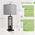 27" Touch Control Farmhouse Table Lamps, Set of 2 Tall Rustic Table Lamps 2-Light Design with USB A+C Ports, Bedside Lamps with Grey Shade for Living Room Home Office, 4 LED Bulbs Included