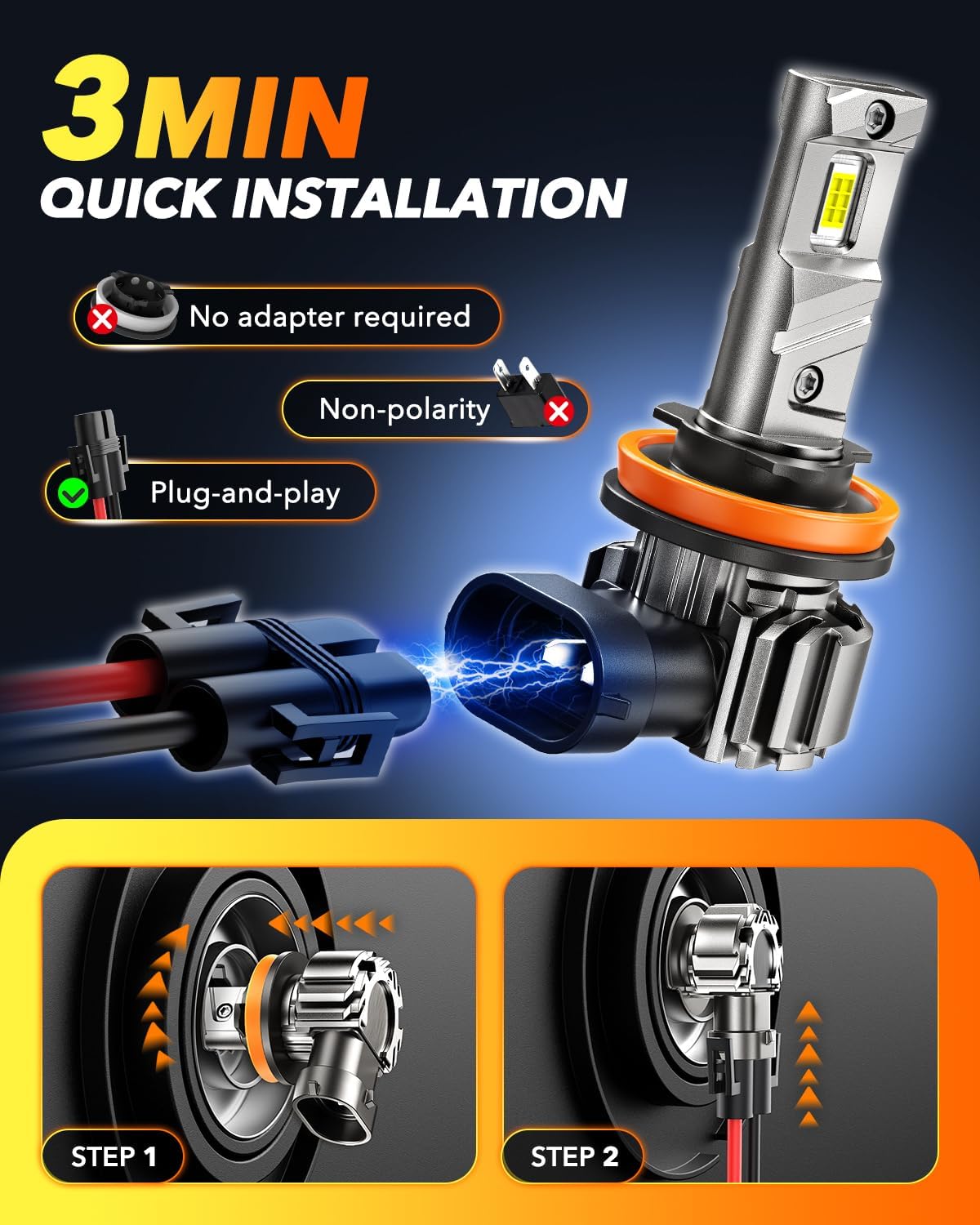 OXILAM H11/H8 LED Light Bulbs, 1000% Brighter H11 Fog Bulb, 60,000Hrs Lifespan, 3 MIN Direct Plug, IP68, Anti-Flicker LED Light for Cars Trucks SUVs, Pack of 2