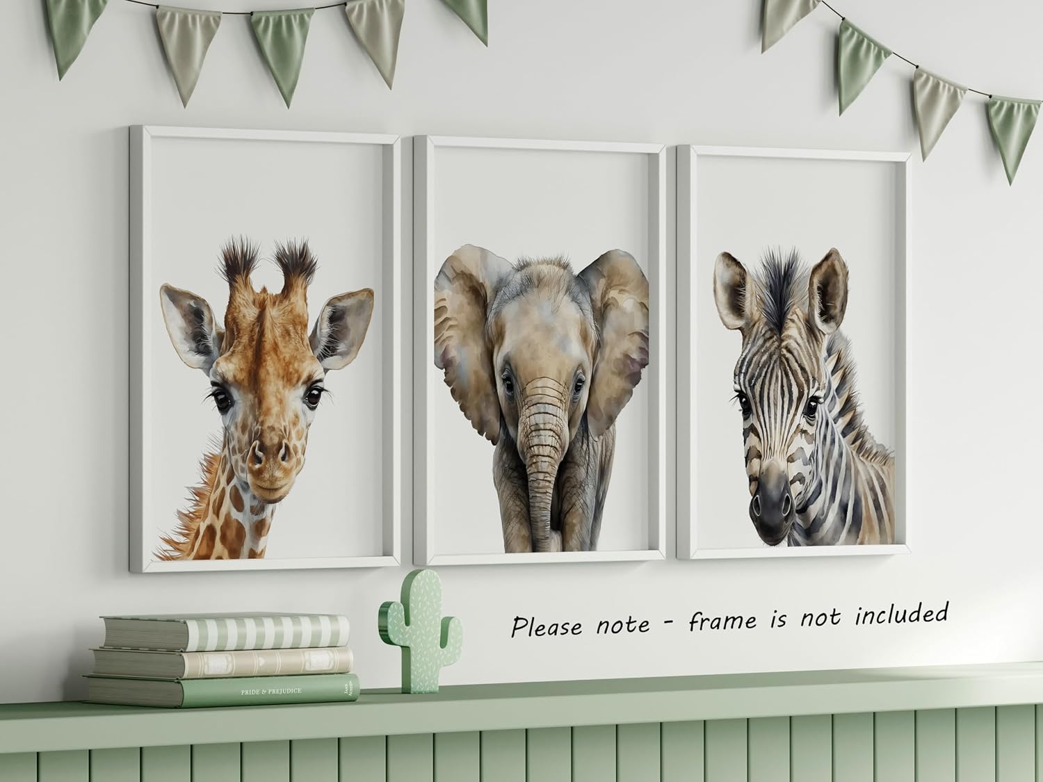 Safari Animals Set of 3 Unframed Poster Prints, Baby Girl Boy Children Nursery Bedroom Playroom Wall Art Decor, Giraffe Elephant Zebra, Watercolor Style (11x14)