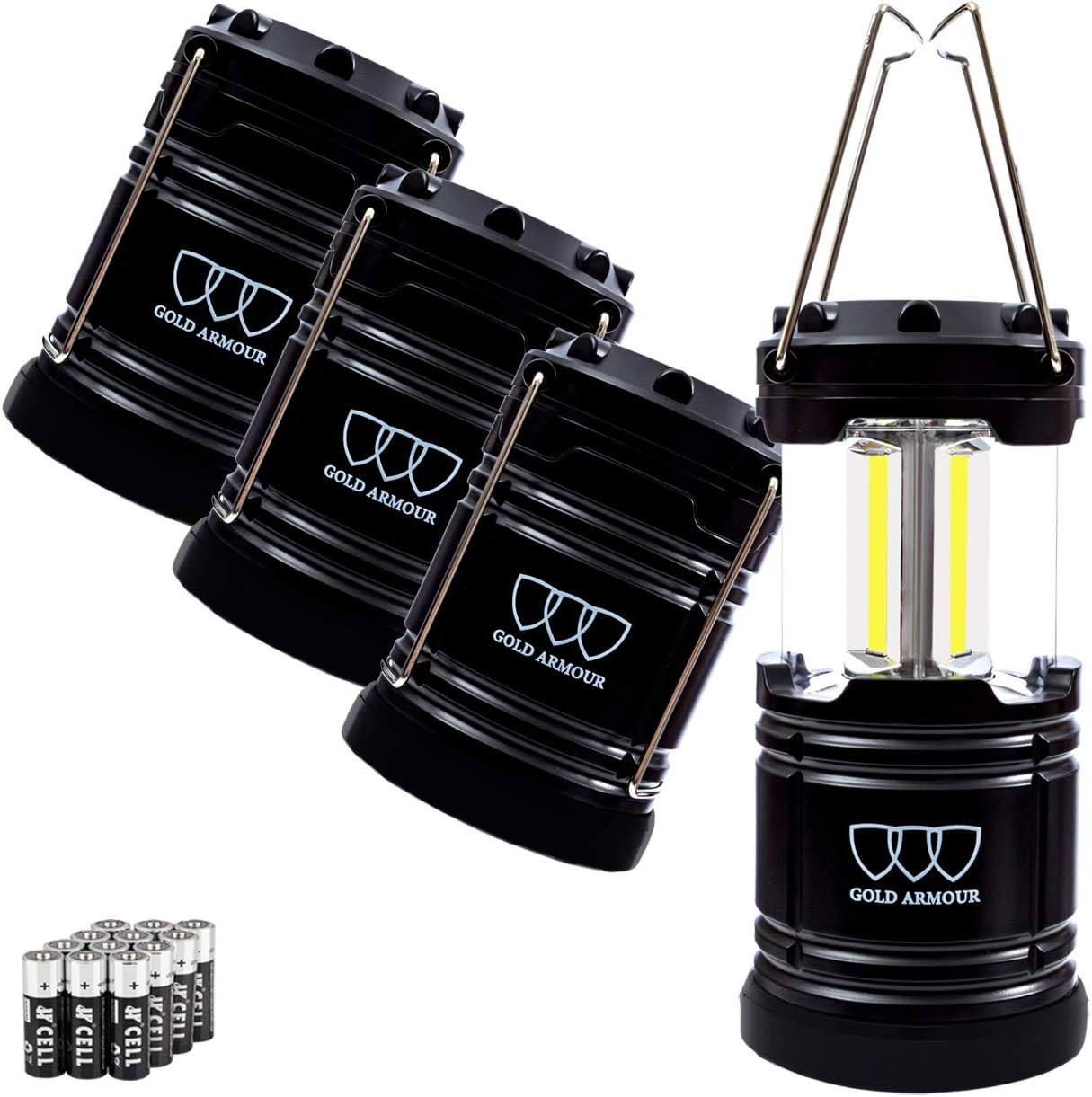 Gold Armour 4 Pack LED Camping Lantern Portable Flashlight with 12 aa Batteries - Survival Kit for Emergency, Hurricane, Power Outage Christmas (500 Lumens)