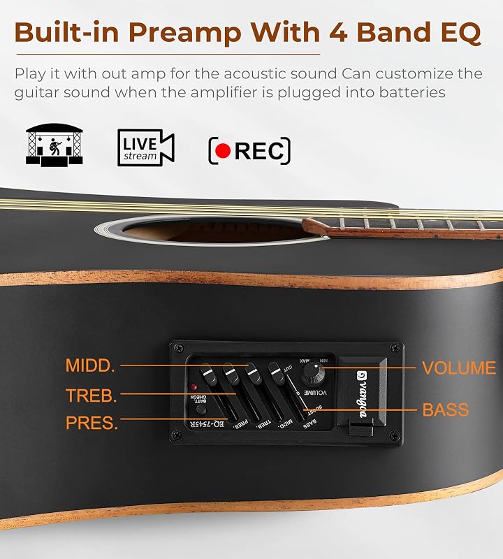 Vangoa 4/4 Balkezes Elektroakusztikus Gitár 41" - Fekete Dreadnought Kivágással, 4-Sávos Equalizer, Kezdőknek, Lucfenyő Test