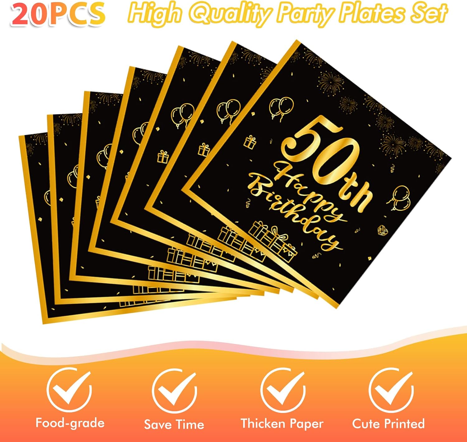 41Pcs 50th Birthday Party Decorations for Men Women, Black Gold Happy 50th Birthday Supplies with 20 Plates, 20 Napkins and 1 Tablecloth, 50 Years Old Party Disposable Tableware Kit for Him Her image 4