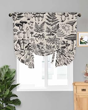 Tie Up Curtains for Windows, Botanical Adjustable Balloon Nature Linen Kitchen Curtain, Vintage Mushroom Plant Herb Ferns Flower Tie Up Light Filtering Curtains for Home Decor, 34 x 45 in