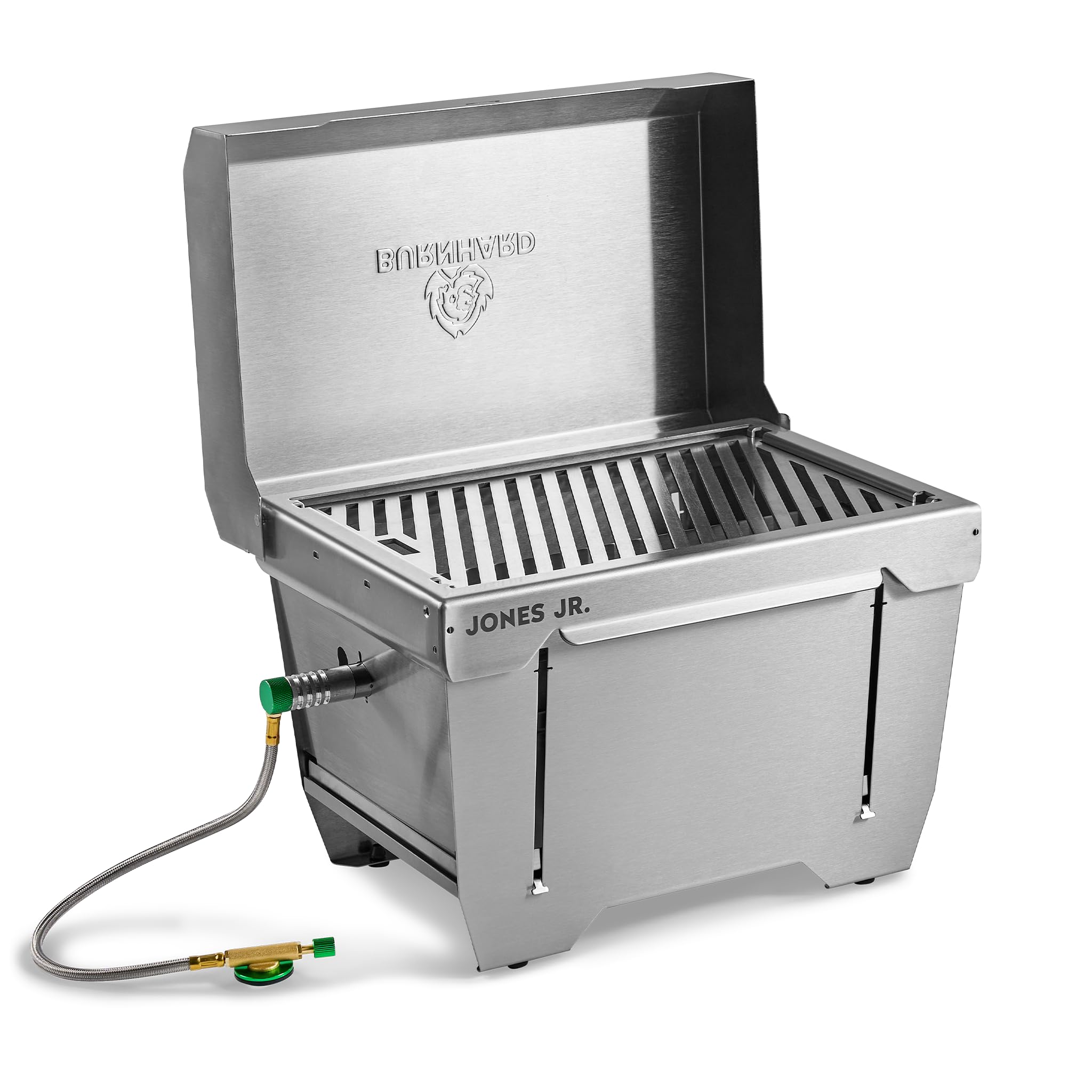 Griglia da campeggio 1-bruciatore BURNHARD® 3,2 kW, 500°C acciaio inox, sistema FitnFire™, ultracompatto, borsa da trasporto, tappetino per griglia – JONES Jr.