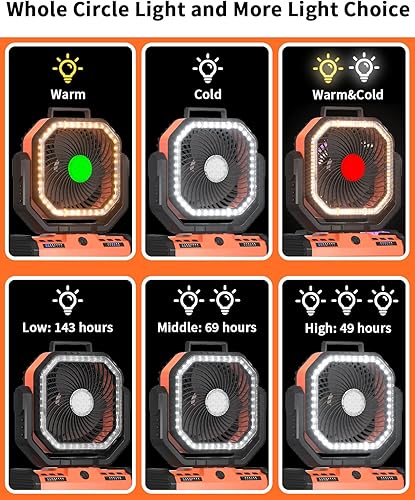 Miniatura 4 de ADUST Ventilador de campamento de 12 pulgadas, funciona con pilas, con linterna LED, ventilador oscilante portátil recargable de 44000 mAh con