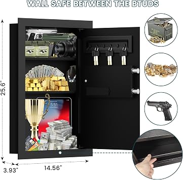25.6 Tall Firproof Wall Safes Between The Studs 16 Centers: Heavy Duty Hidden Flush Safe with Digital Keyboard 2 Removable Shelf Hidden Tray Protecting Money Jewelry Certificate Passport for Home