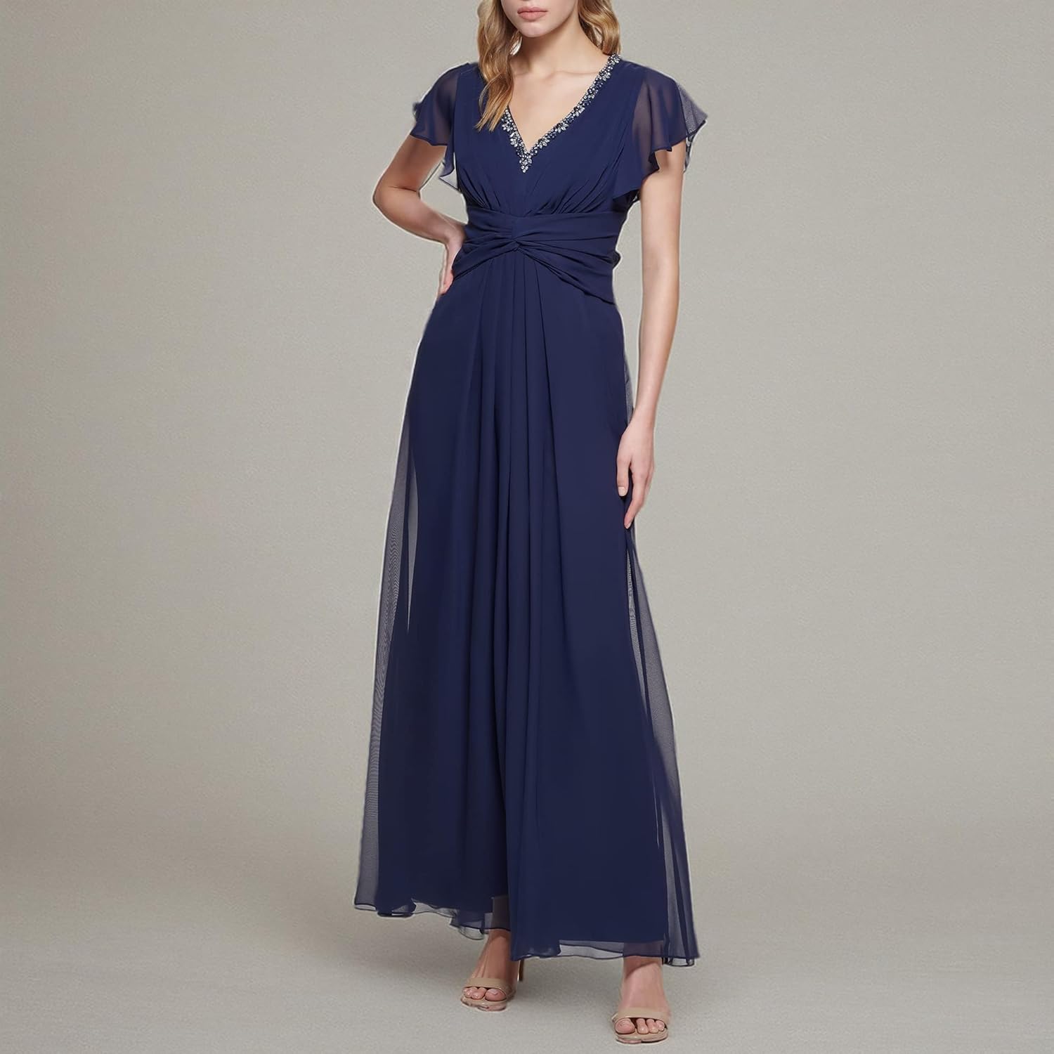 Eliza J Womens Gown Style Twist Waist Chiffon Flutter Sleeve Beaded Vneck Dress - Image 5