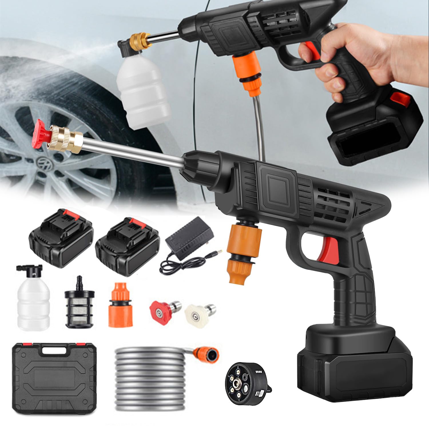 Idropulitrice a Batteria, 48V Max 90 Bar Idropulitrice Portatile con 2 Batteria, Ugello Multispruzzo 6 in 1, Tubo da 5M, Lancia di Prolunga, Strumento per La Pulizia Dell'auto da Esterno (Nero)