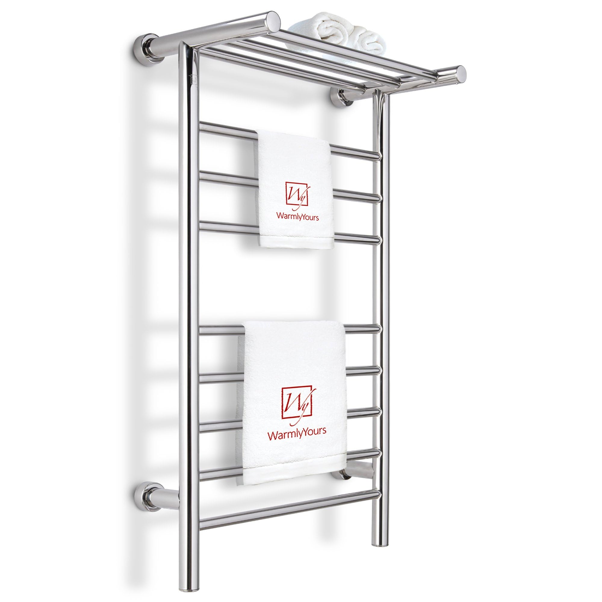 WarmlyYours Towel Warmers for Bathroom - Wall Mounted Heated Towel Rack with Shelf, 11 Bars Polished Stainless Steel, 20 x 36 in. Electric Heating and Drying Rack, 120V Plug-in or Hardwired (Summit)