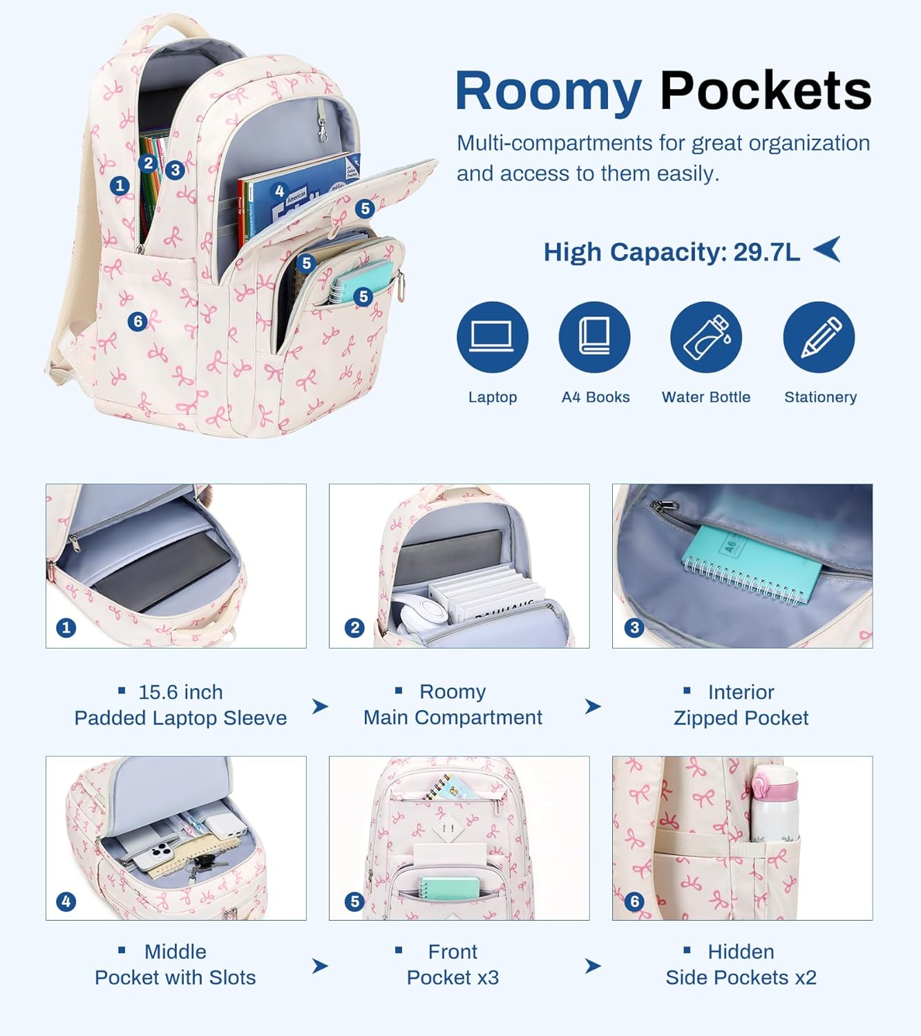 Sisipoet Girls Backpack, Lightweight School Backpack Multiple-pocket College Bookbag for Teen Girls Travel Backpack with Luggage Strap for Women, Beige with Pink Bow