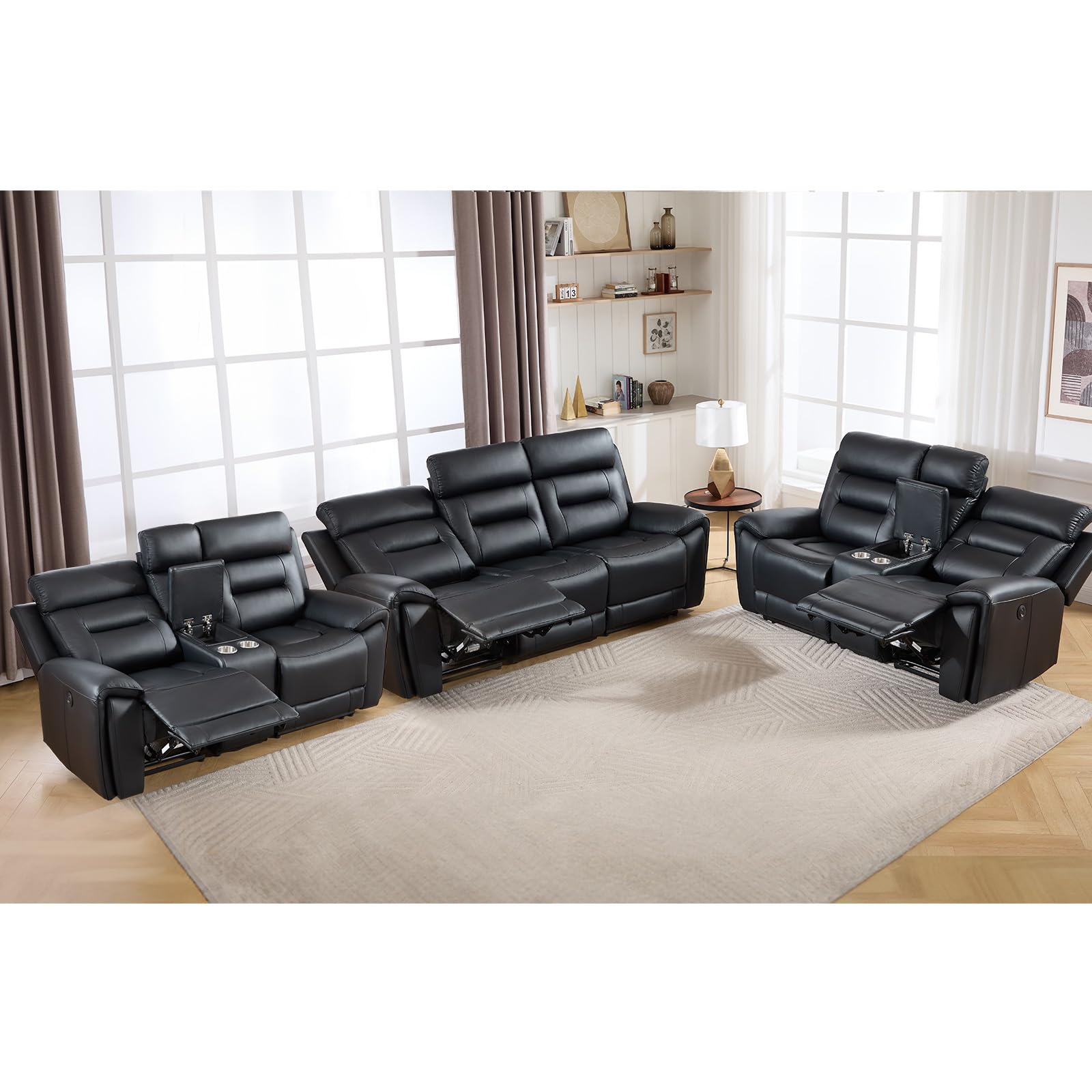 ANJ 3-Piece Faux Leather Power Recliner Sofa Set with USB&amp;Type-C Charging Ports, Include 2 Loveseat Sofas with Hidden Storage &amp; Cup Holders and a 3-Seater Reclining for Living Room, Black