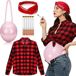 9 Pcs White Trash Party Attire Women White Trash Party Decorations Include 6 Fake Puff Cigarettes, Stomach, Red Bandana and Checkered Shirt for Women Men Adult