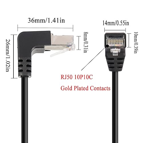 Miniatura 4 de QIANRENON Cable de extensión Ethernet de montaje en panel RJ50 10P10C de 90°, 10P 10C hembra a macho en ángulo recto, Cat5E, blindado, 11.8 in/11.8