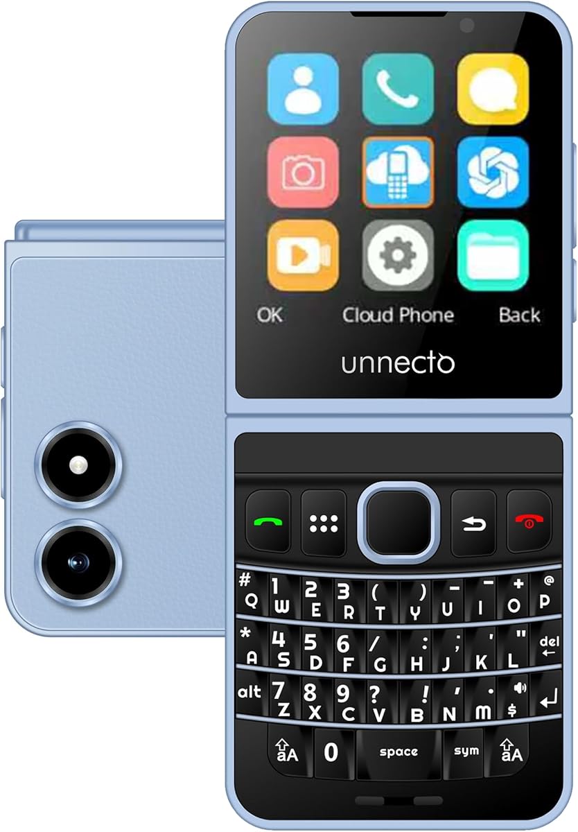 unnecto Snap | Dual SIM | 4G/LTE | Unlocked | QWERTY Keyboard | Flip Phone | Cloud OS | Sky Blue