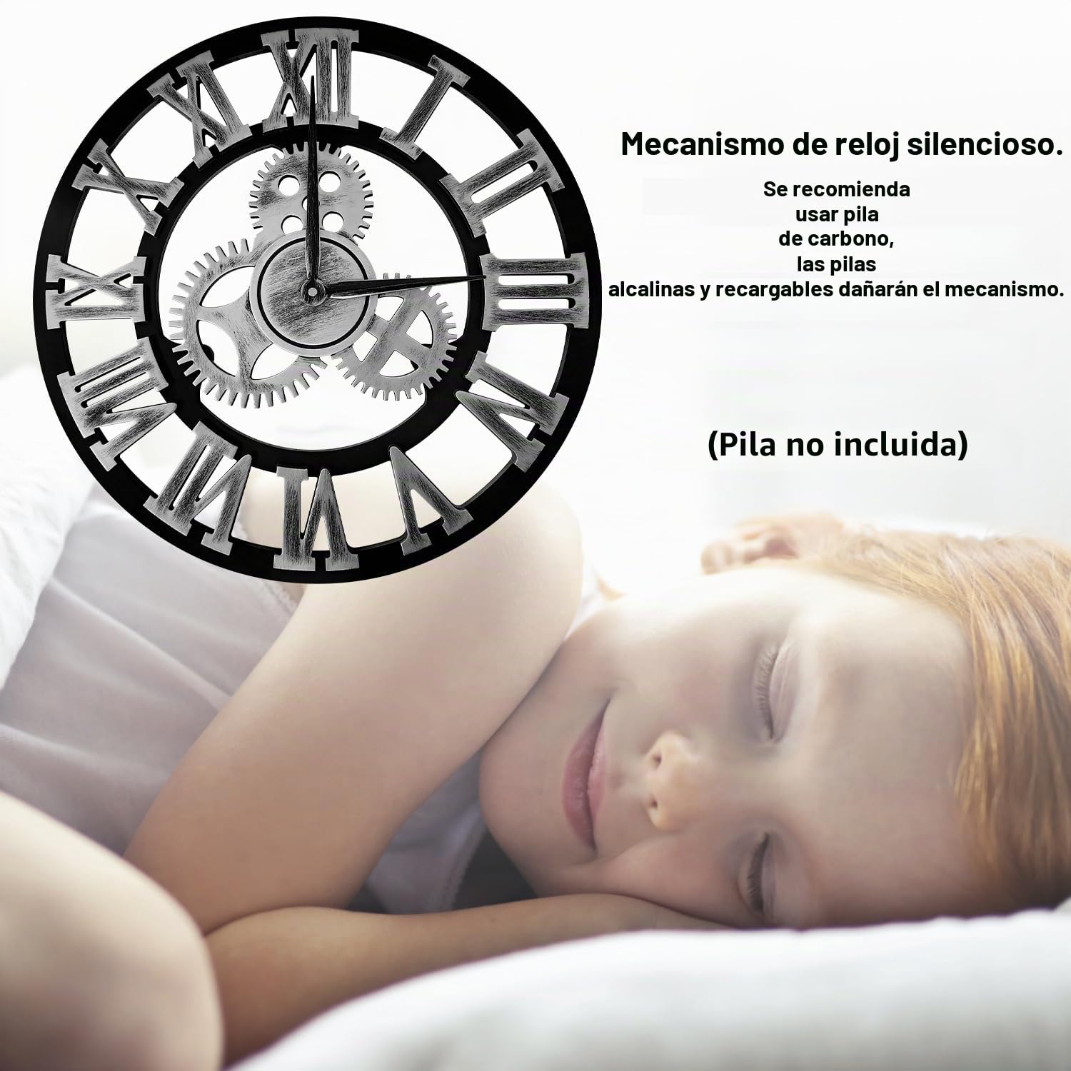 Reloj de Pared de Madera de Cuarzo con Números Romanos con Engranajes Vistos, Silencioso, no Hace tictac, para Sala de Estar, Dormitorio, Oficina, Cocina