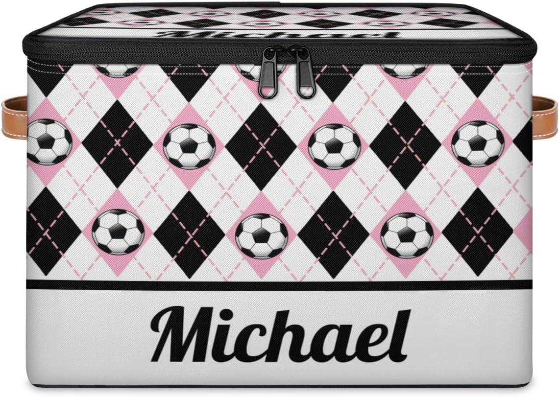 Personalized Name Soccer Storage Boxes with Zipper Lid, Customized Foldable Storage Bins Storage Baskets, Custom Fabric Closet Shelf Clothes Organizer Container, Black