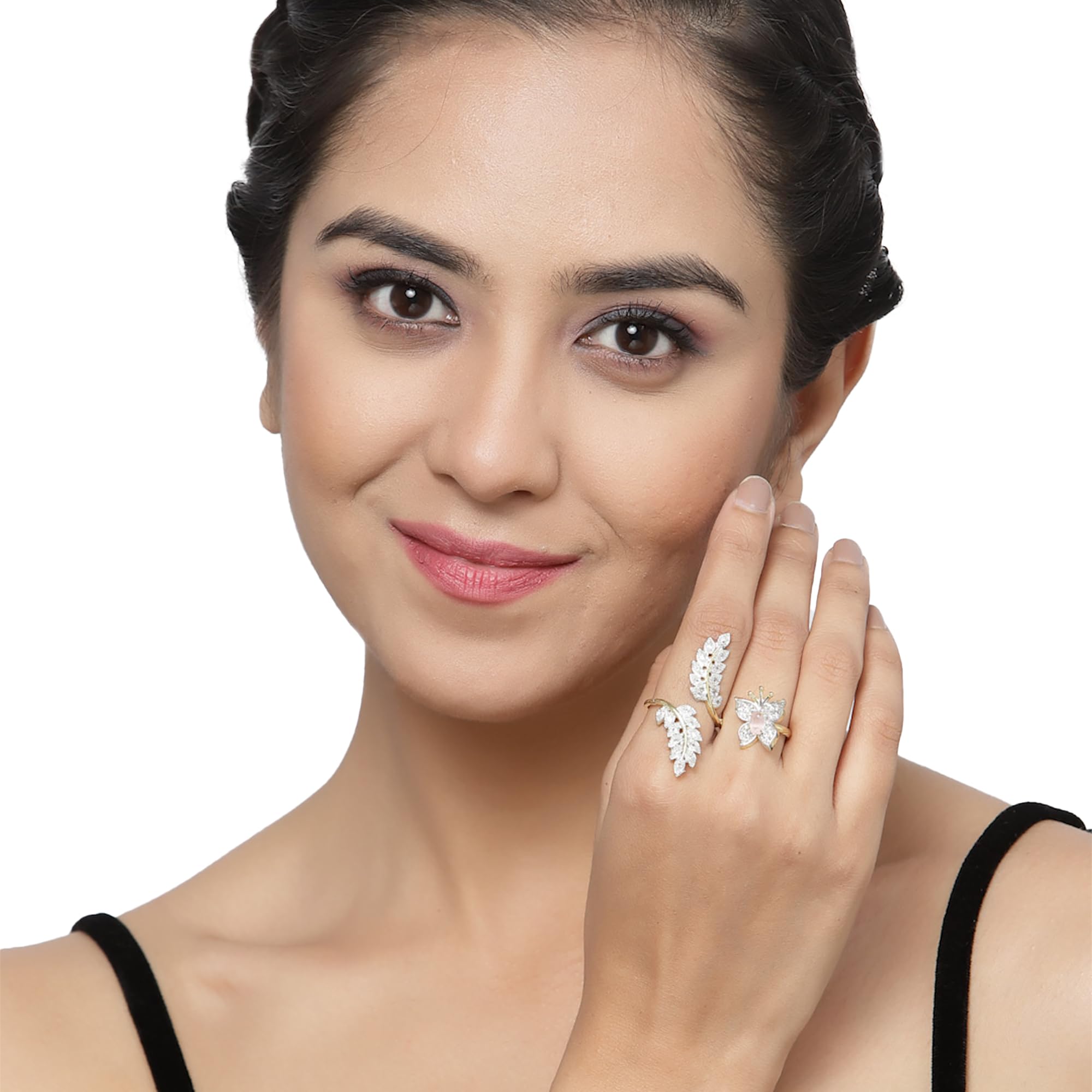 Gold-Plated Butterfly & Leaf AD Double Finger Ring