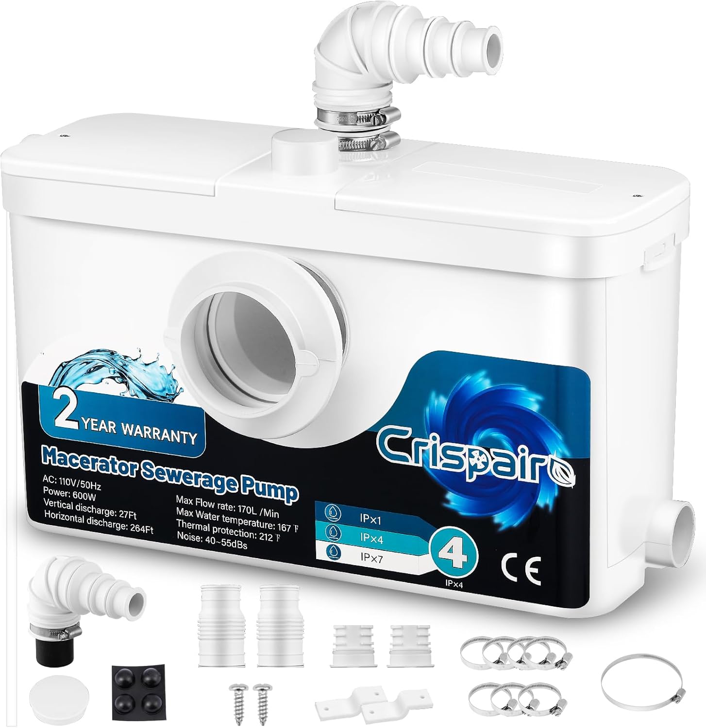 600W Macerator Sewerage Upflush Pump - 33Ft/328Ft, 170L/Min Flow for Basement Toilet, Sink, Shower, Kitchen, Laundry - 4 Water Inlets, Residential, 110V CE