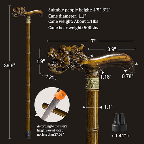 Miniatura 7 de Bastón de madera, tallado a mano de alta gama para hombres y mujeres, diseño ligero, soporta hasta 500 libras de bastones de dragón para personas
