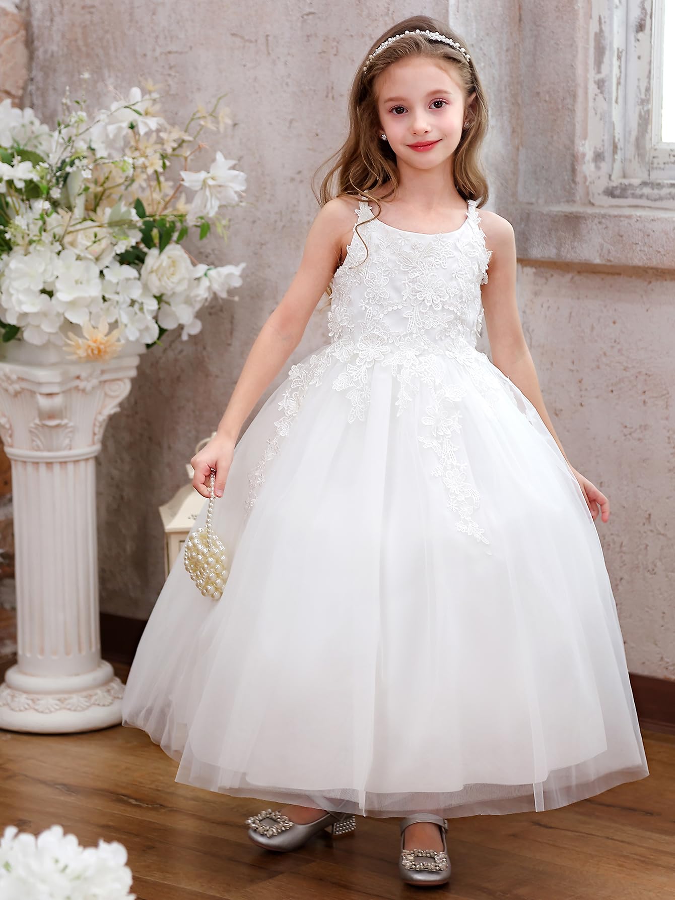 Blumenmädchen Kleid Kinder Mädchen Träger Blumen Bestickt Spitzen Strapskleid Ärmellos Hochzeit Geburtstag Partykleid Prinzessin Maxikleid Elegant Weich Kinderkleid Für Performance(6,Weiß)