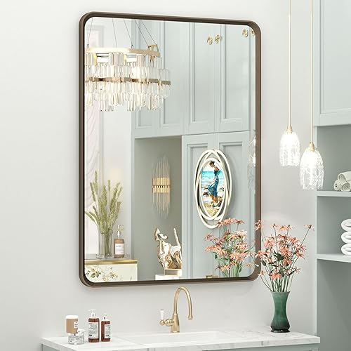 Miniatura 15 de OKPAL Espejo de Baño con Marco de Metal Negro de 40 x 36 Pulgadas para Pared, Espejo de Tocador de Baño Negro Mate, Espejo Rectangular Redondeado