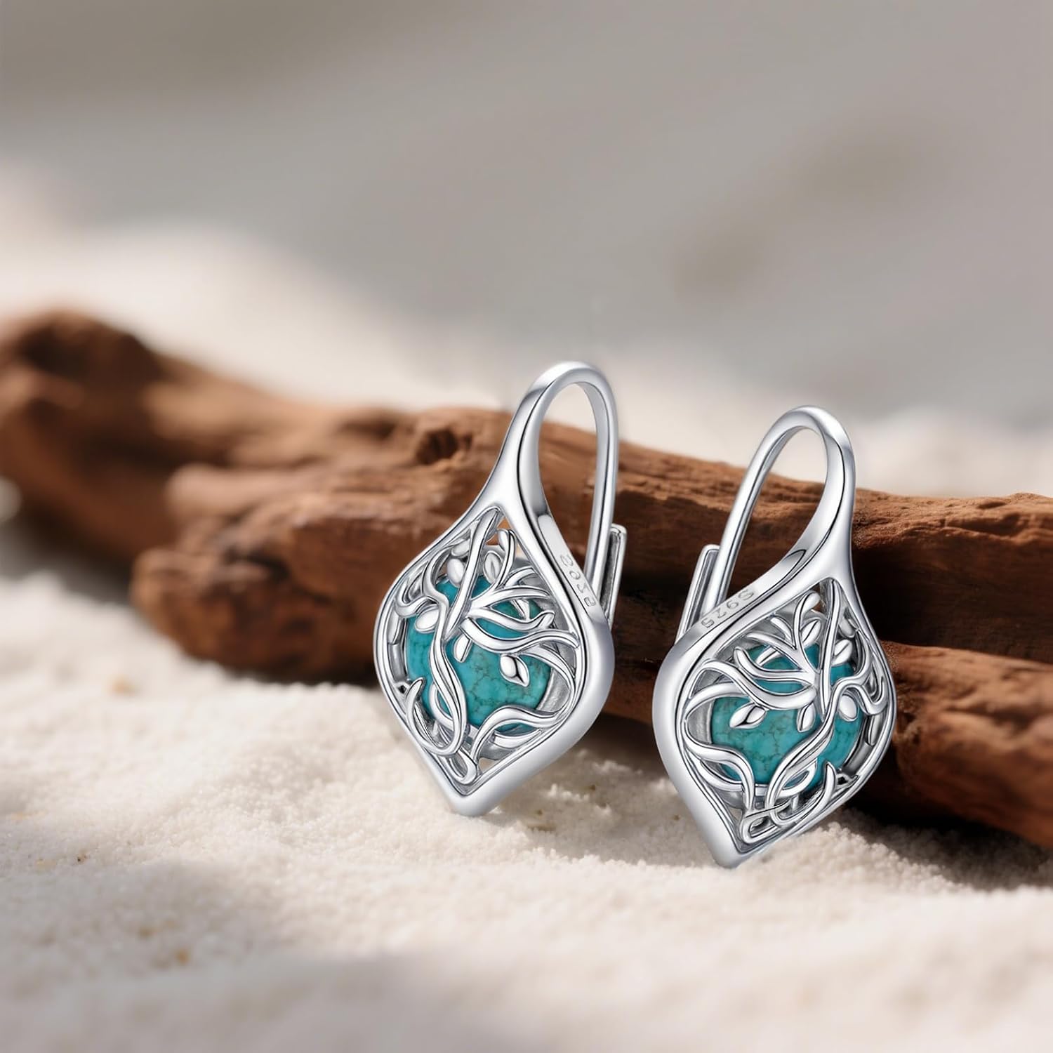 Genuine Turquoise Earrings for Women 925 Sterling Silver Tree of Life Earrings Vintage Boho Leverback Earrings Nature Real Turquoise Jewelry for Women - Image 3