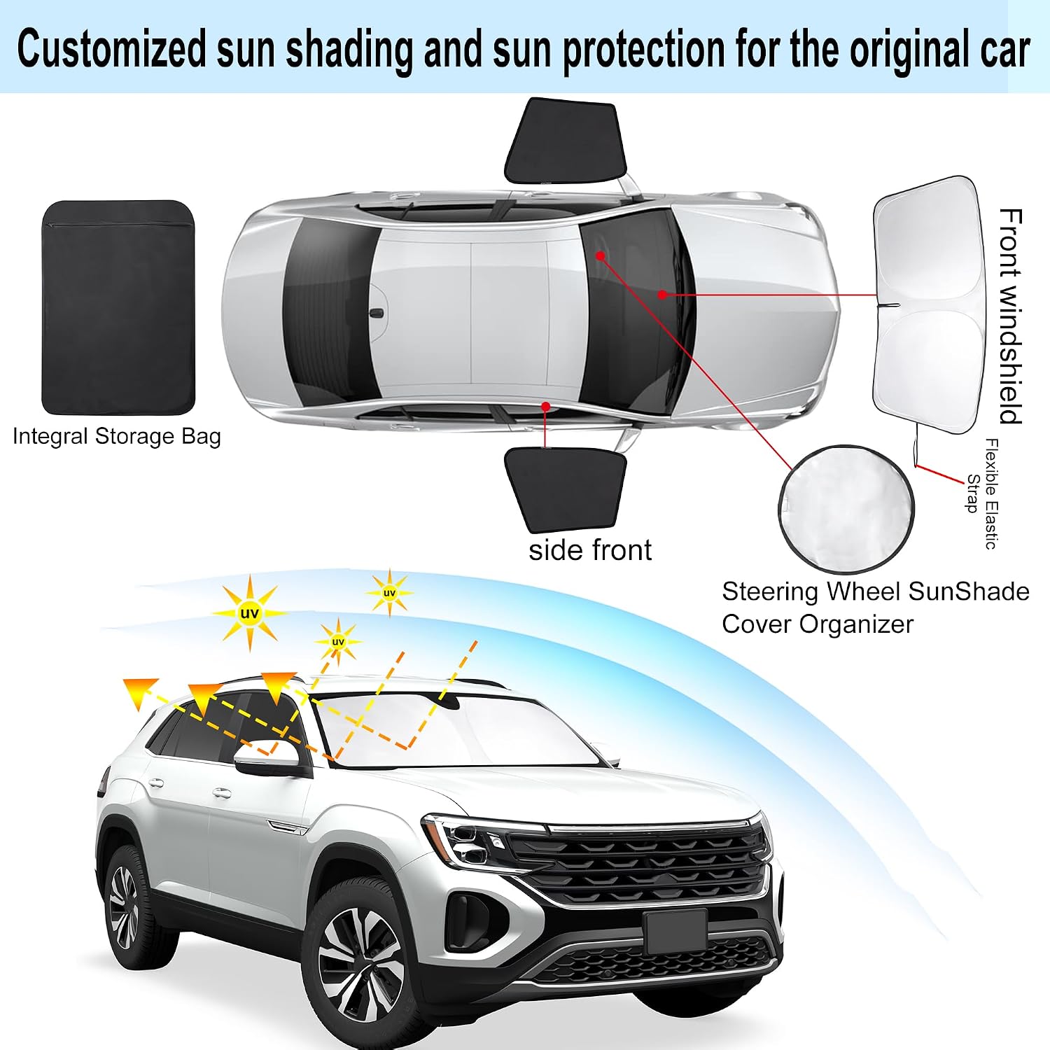 3PCS Car Window Shades Front Windshield Sun Shade Foldable Window Shade Custom Fit for Volkswagen Atlas VW Atlas Cross Sport 2018-2026 Shades Windows Anti-UV Rays Block Heat image 3