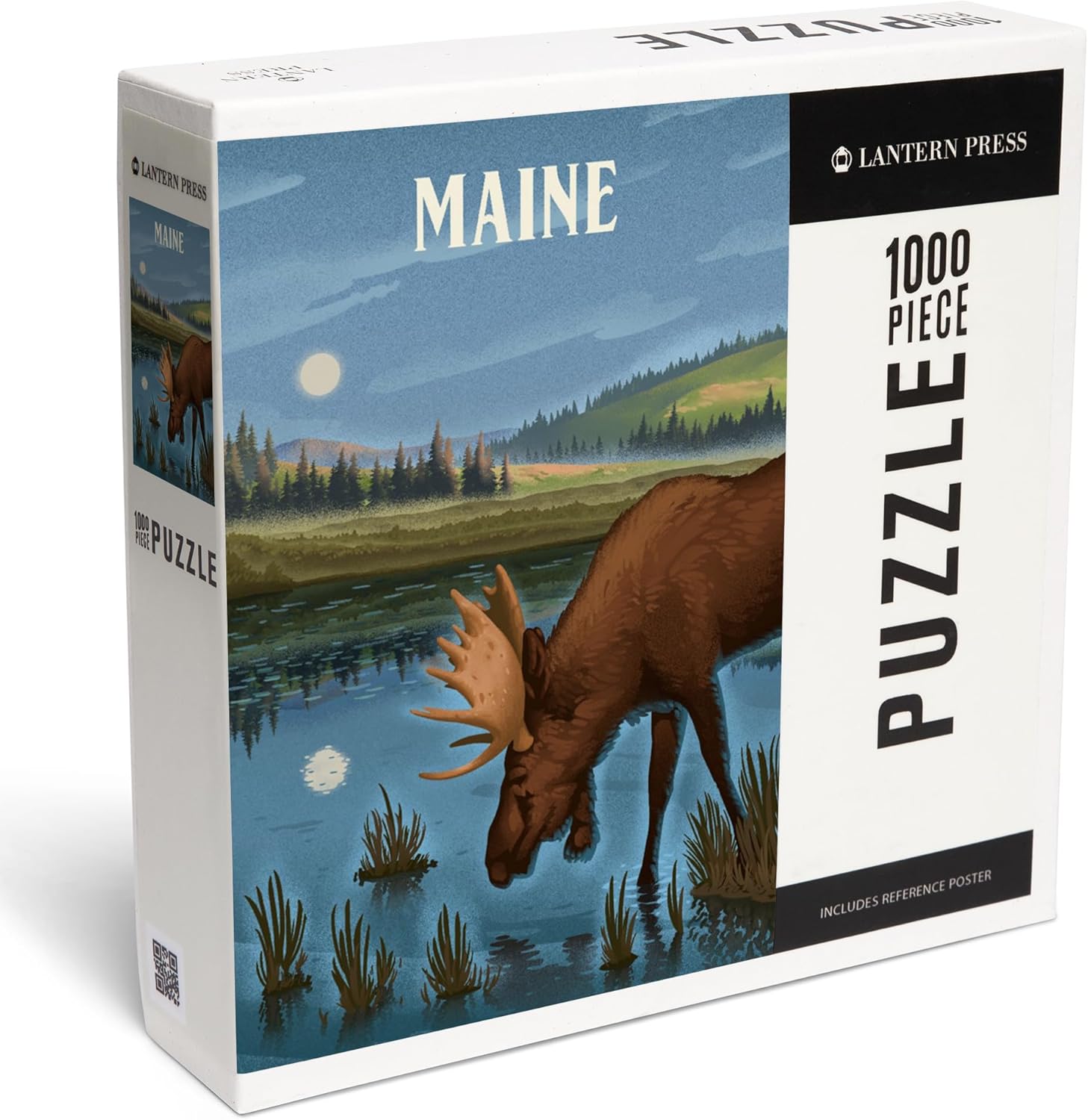 "Lantern Press Maine, Lithograph, Reflection Pond and Bull Moose, 1000 Piece Jigsaw Puzzle for Adults, Made in USA with Reference Poster"