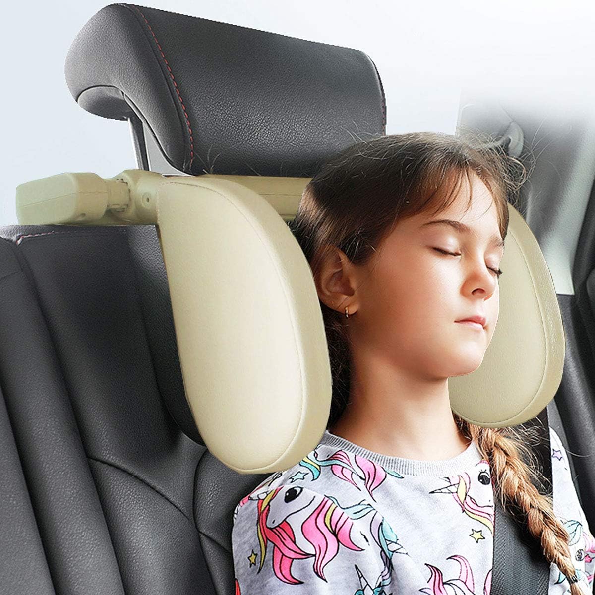 JZCreater Car Seat Headrest Pillow, Head Neck Support Detachable, Premium Seat Held Pillow,180 Degree Adjustable Both Sides Travel Sleeping Cushion for Kids Adults (Beigeï¼â€°