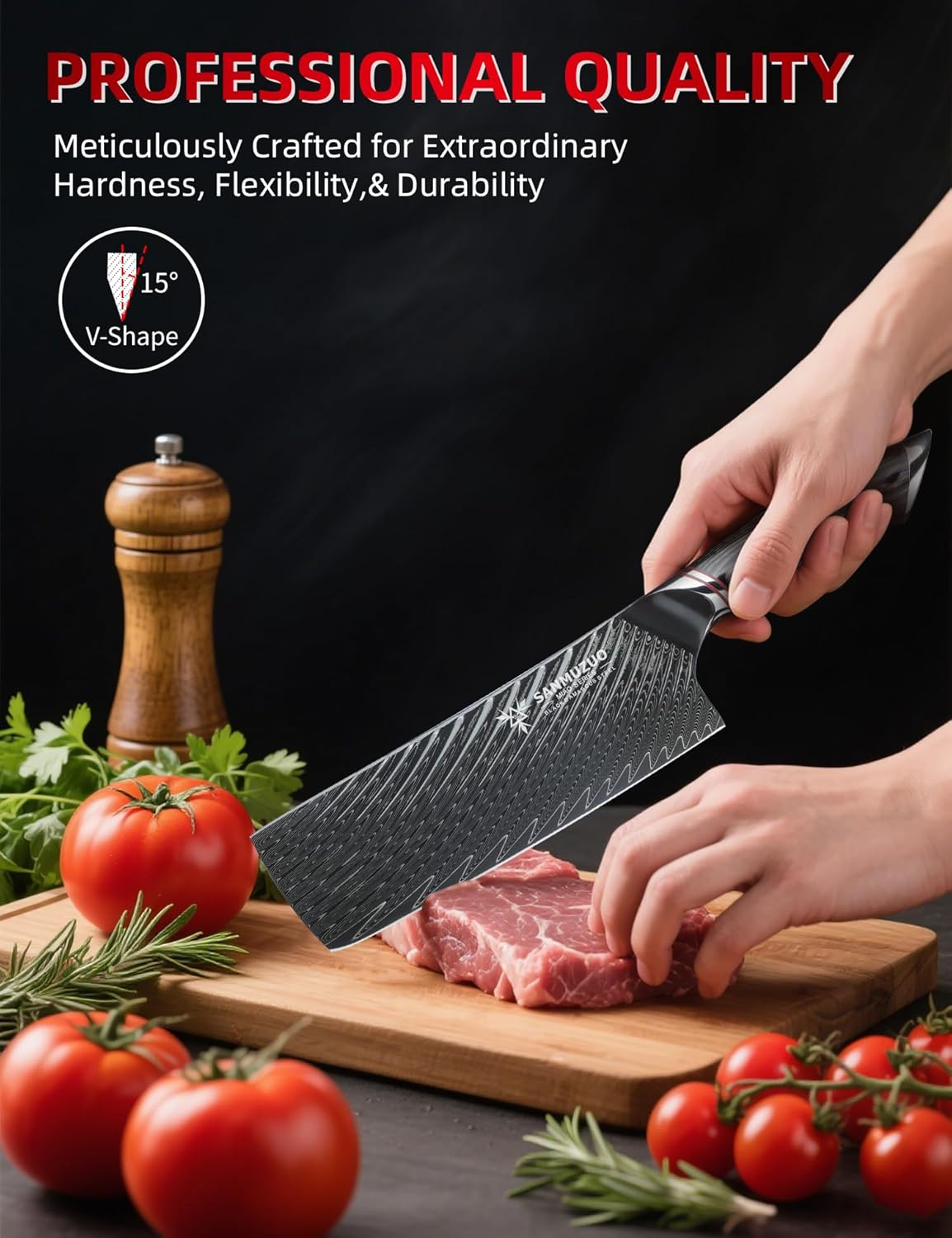 Japanese 7" Nakiri Knife - Professional Kitchen Knives - Japanese Usuba Knife - Black Damascus Steel with Ergonomic Handle - MIAO Series