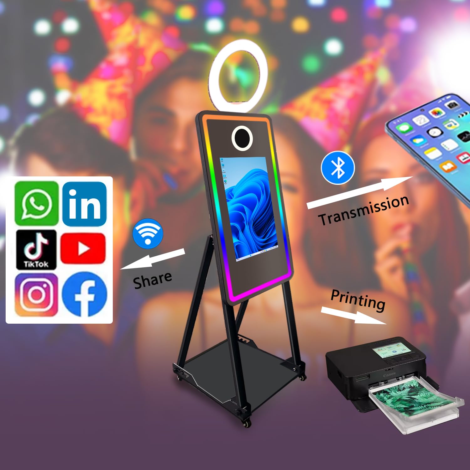 Specchio Magico Cabina Fotografica, Schermo Touch 21,5 Pollici Macchina per Selfie con Flight Case, per Noleggio Eventi Matrimoni Feste (Black, 40in photo booth)