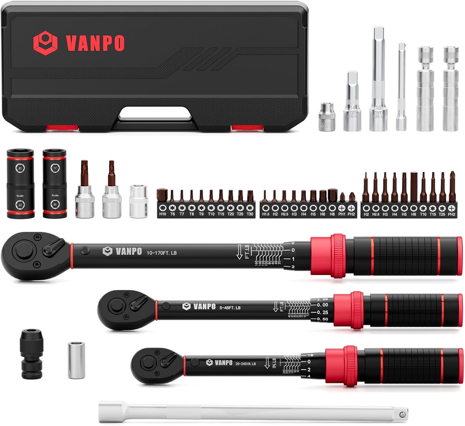 VANPO Torque Wrench Set 1/4, 3/8, 1/2-Inch Drive(20–240 in-lb, 5–45 & 10–170 ft-lb) Click Torque Wrenches Kit for Car, Motorcycle, Bike Repair - ±3% Precision, 72-Tooth, Dual Direction with Case