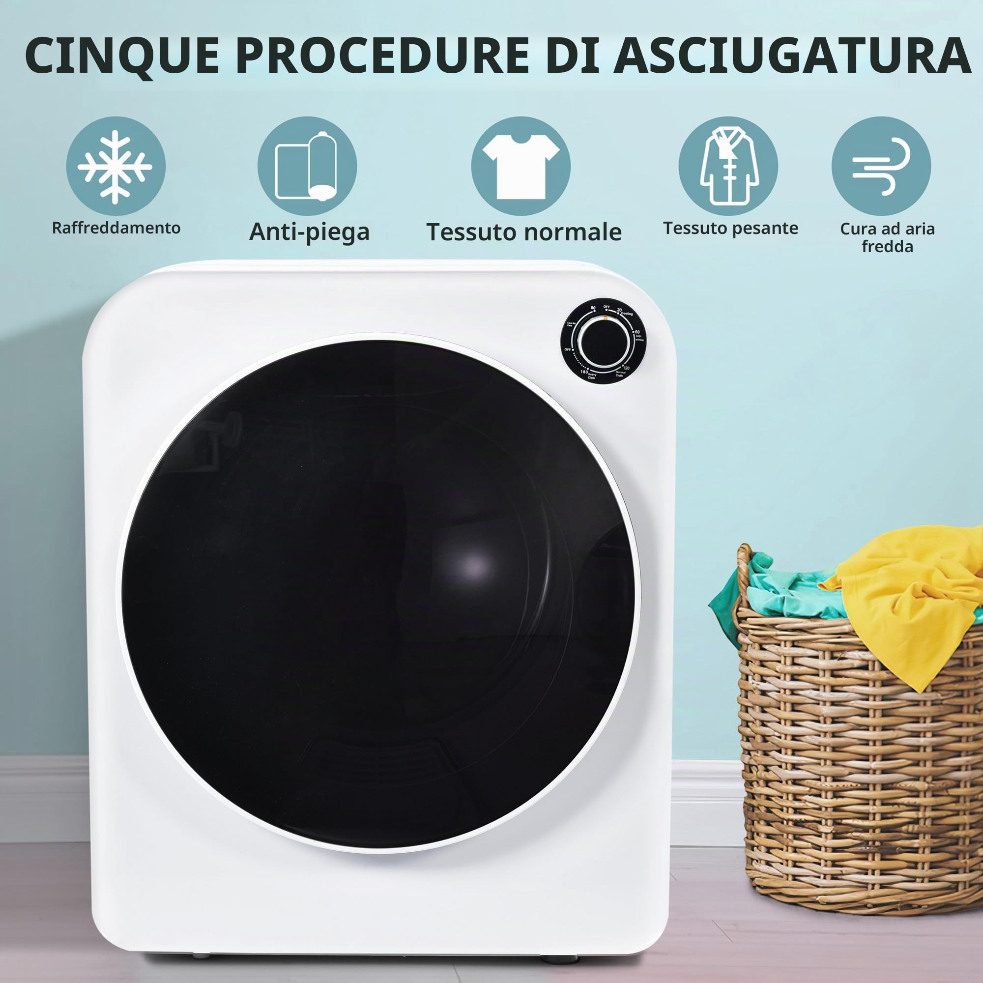Qiang Mini Asciugatrice 3Kg,830W,Canna Interna in Inossidabile,Filtro Triplo,5 Programmi,Protezione Contro Surriscaldamento,può Essere Montato a Parete,per Piccoli Appartamenti O Dormitori