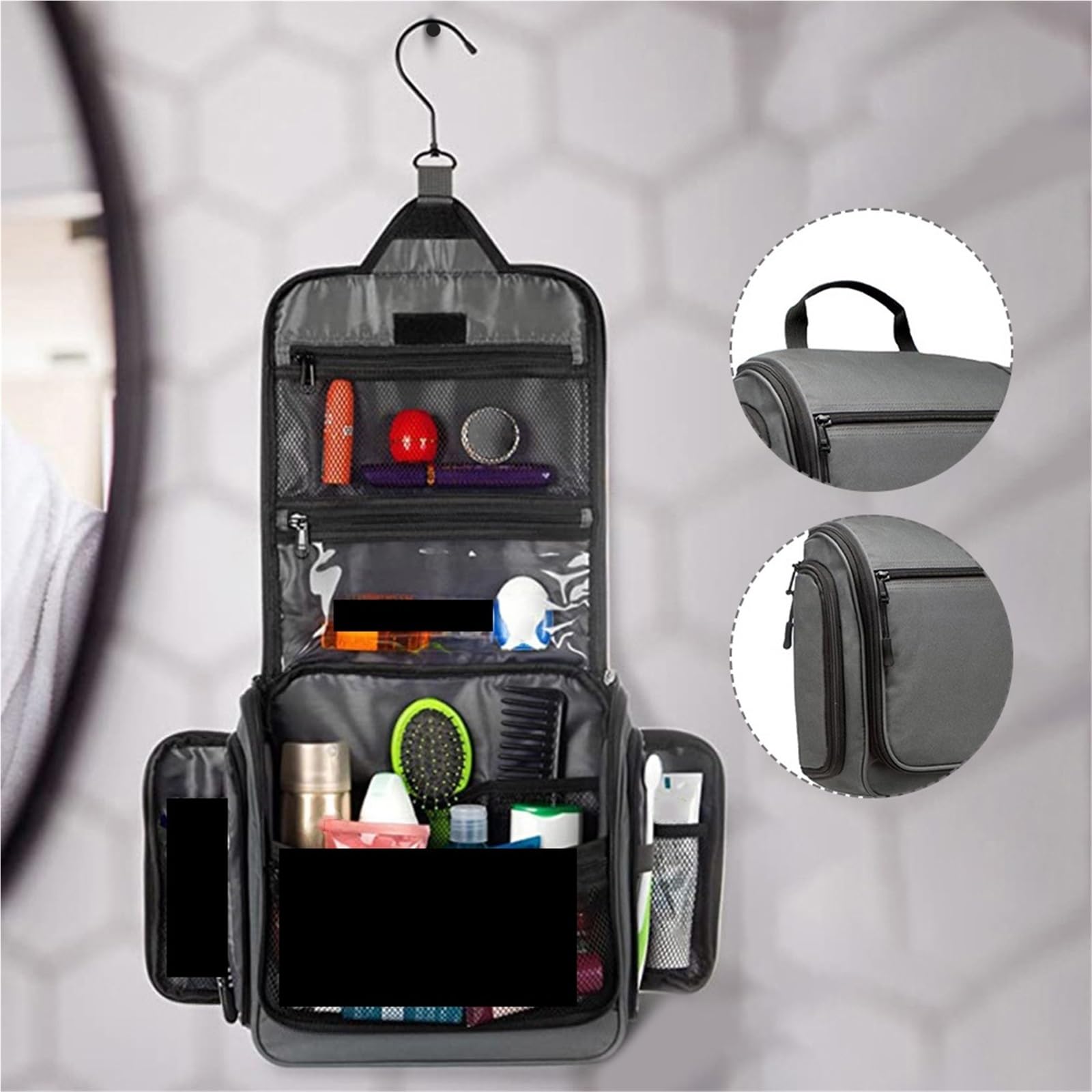 Hängende Reise-Organizer Reise-Organizer-Tasche for Aufhängen, Make-up-Tasche, große Kapazität, Kosmetiktasche für Damen Herren(Black)