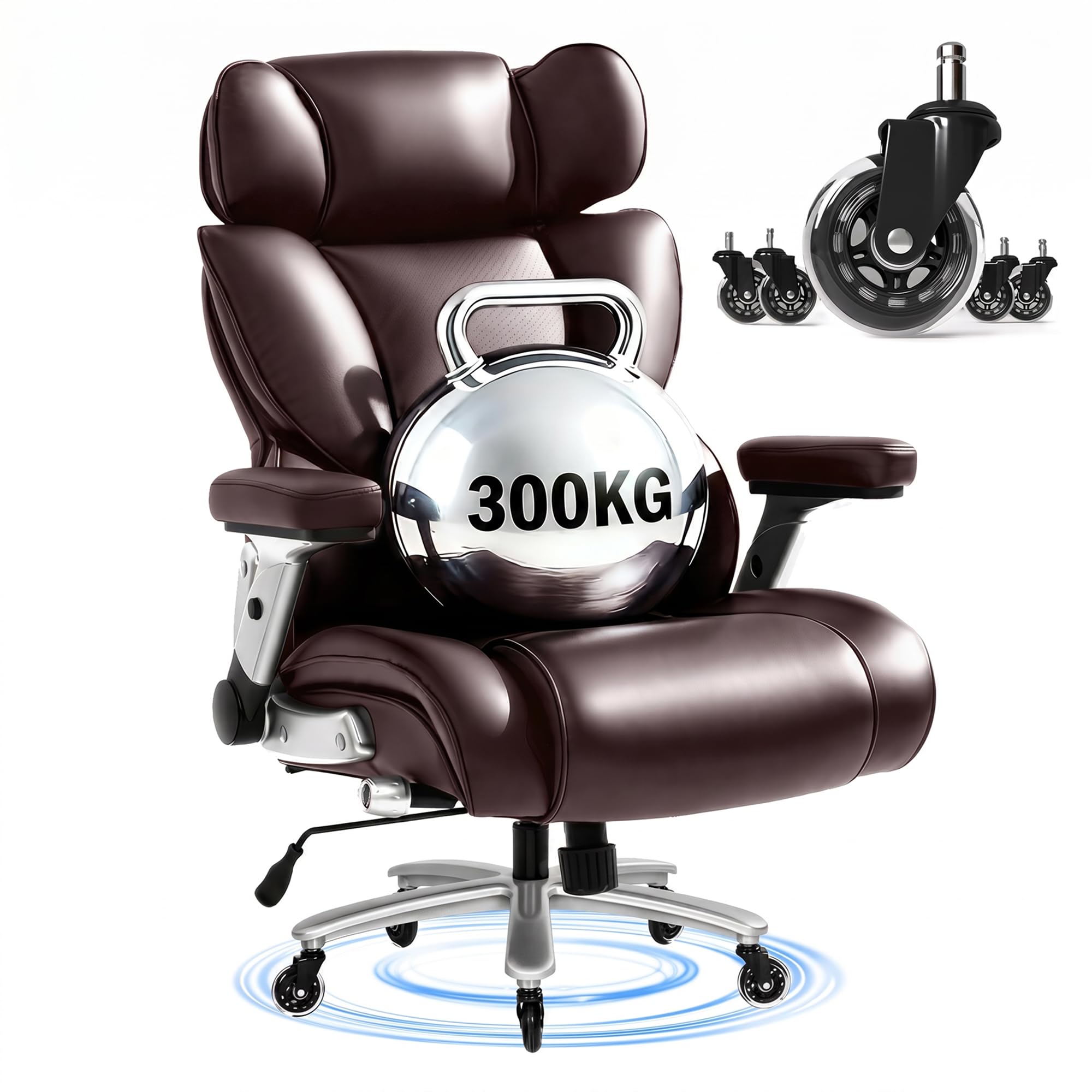 FLEXISPOT Ergonomischer Chefsessel bis 300 kg Bürostuhl für große Personen, mit dynamischer Lendenwirbelstütze, 2D-Armlehnen und Grummirollen, großer Gaming- und Arbeitsstuhl, Kunstleder, Braun