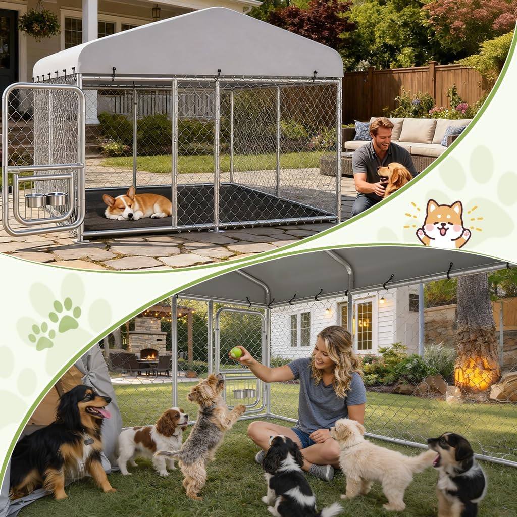 COMHOMA 7.5×7.5FT Outdoor Dog Kennel with Adjustable Bowls Feeder Heavy Duty Extra-Large Dog Enclosure with Roof & Lock All Weather Resistant for Medium Large Dogs