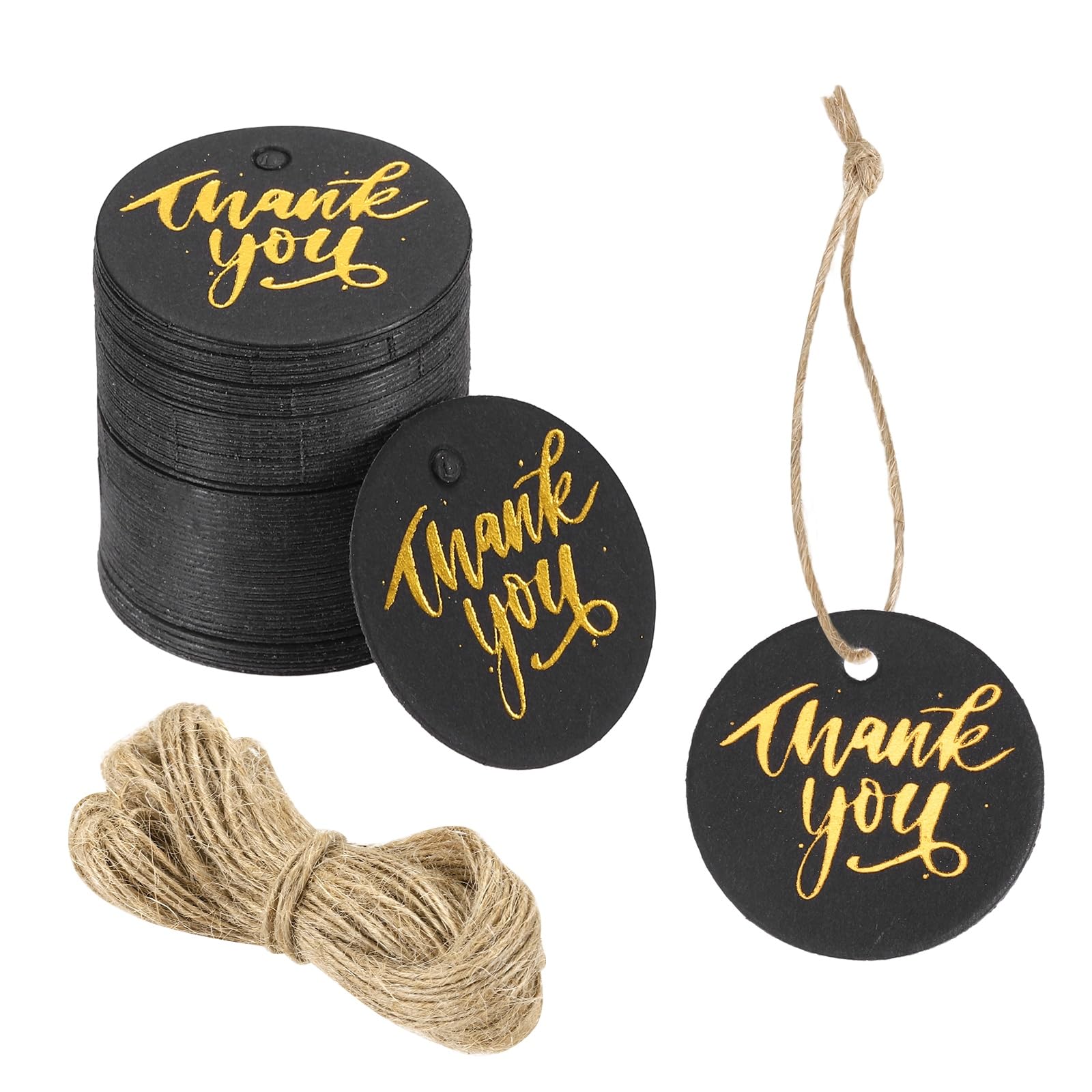DEFANEX 100pcs Thank You Gift Tags (1 Inch) - Round Paper Tags Gold Foil Letter Labels with String, for DIY Crafts Wedding Birthday Party Gift Wrapping Favours, Black