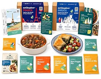 eat2explore Adult Global Cooking Kit - Authentic Recipes, Essential Spices & Drink Pairings Perfect for Date Night & Dinner Party Food Kit for Adults France & Greece