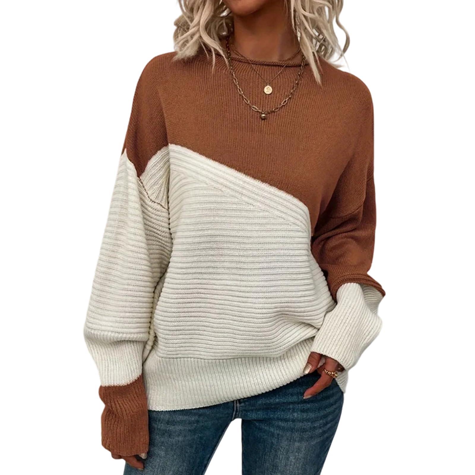Color Blocked Sweater Fall Tunics for Women Long Sleeve Shirts Knit Sweater Oversized Pullover Tops