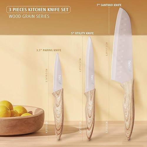 Miniatura 4 de hecef Juego de 3 cuchillos, hoja de acero inoxidable con revestimiento antiadherente, cuchillos de cocina afilados, incluye Santoku, utilidad,