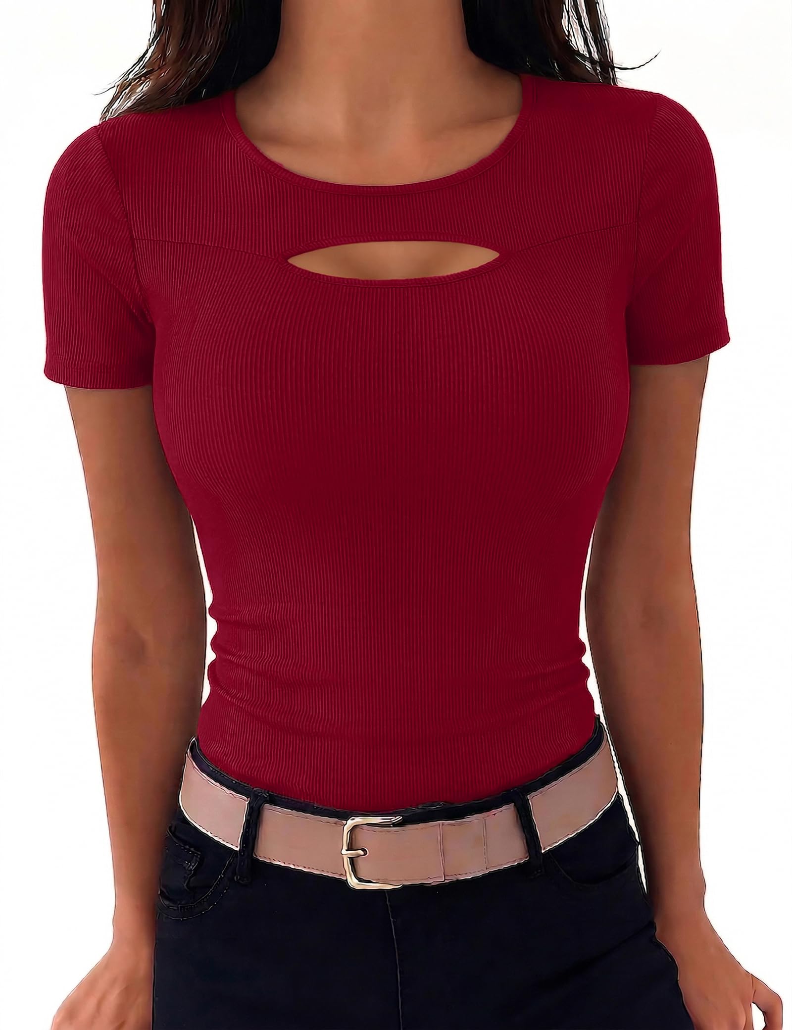 Aottori T-Shirt Damen Rundhals Sommer Oberteile Kurzarm Cut Out Gerippt Basic Tee Shirts Elegant Slim Fit Tshirt Stretch Casual Tops Einfarbig