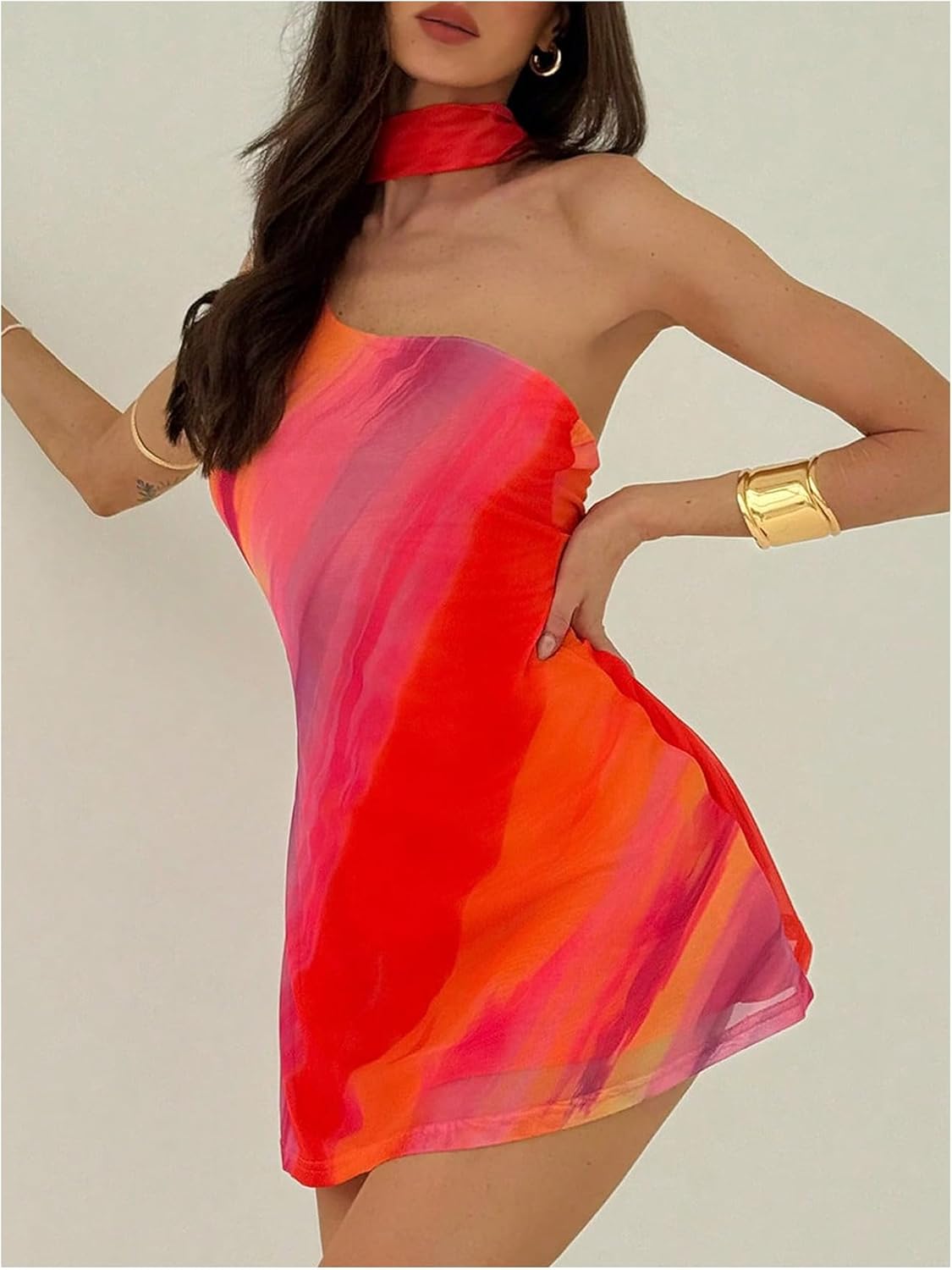 MakeMeChic Women's Summer Y2k Mini Dress Backless Vacation Dress One Shoulder Mesh Dress with Scarf - Image 3