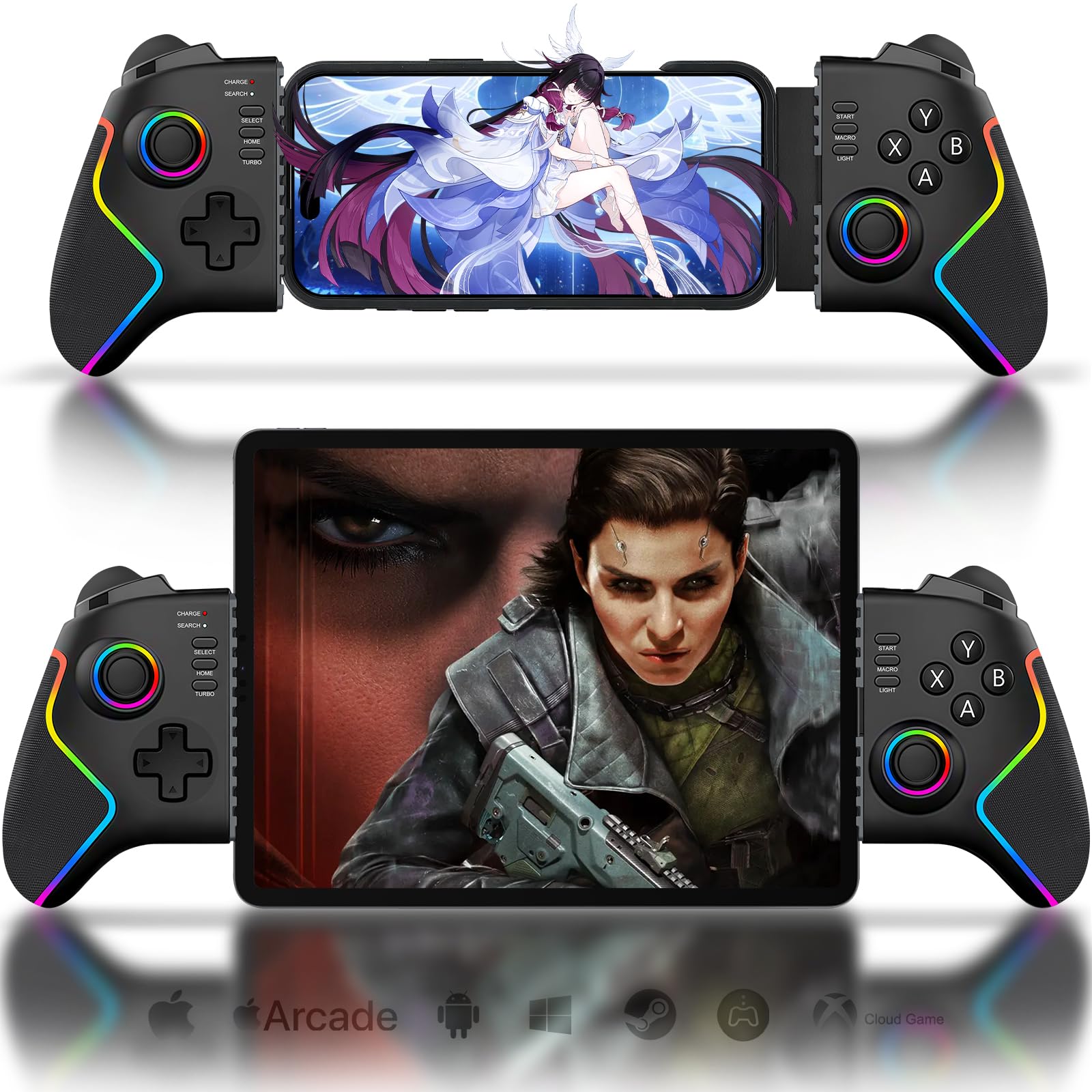Joso Controller per telefono per iPad 13" e tablet, controller iPhone controllo Android con joystick Hall/trigger/macro/turbo/luce RGB, e morsetto bloccabile per iPad, Play P5/P4/Xbox/PC Streaming e