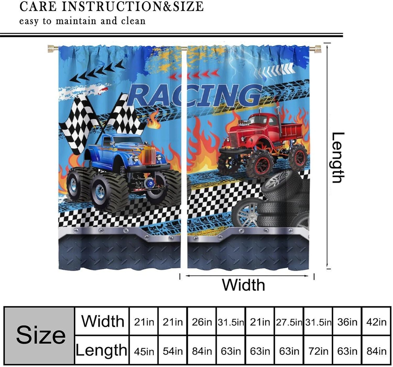 Boys Cartoon Car Curtains, Racing Car Off Road Monster Black and White Checkered Flag Flame Tire Window Treatments for Kids Bedroom Nursery Living Room Drapes 42x45 Inch
