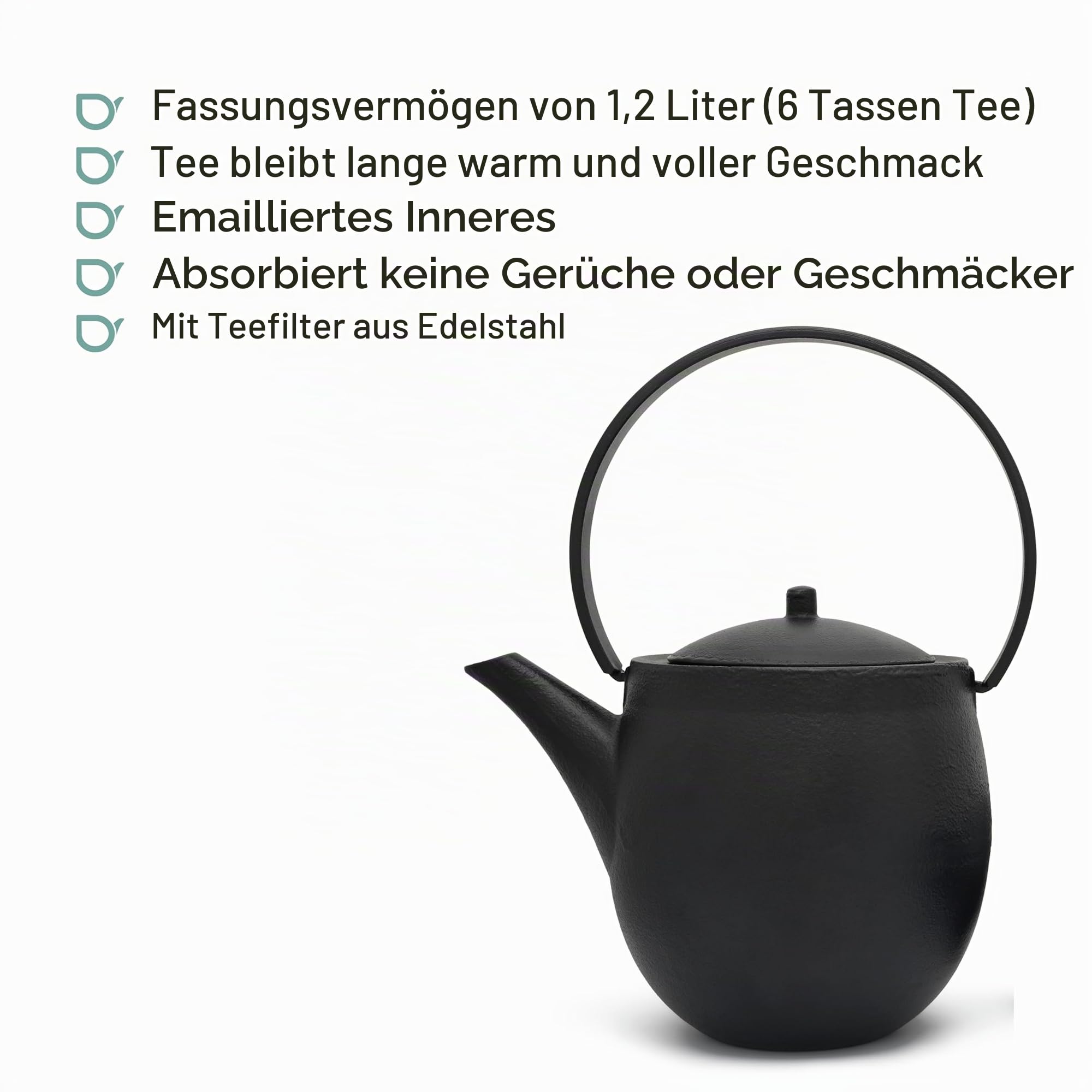 Bredemeijer große schwarze gusseiserne Asia Teekanne Induktion 1.2 Liter - emaillierte Gusseisenkanne mit Edelstahl Teefiltersieb